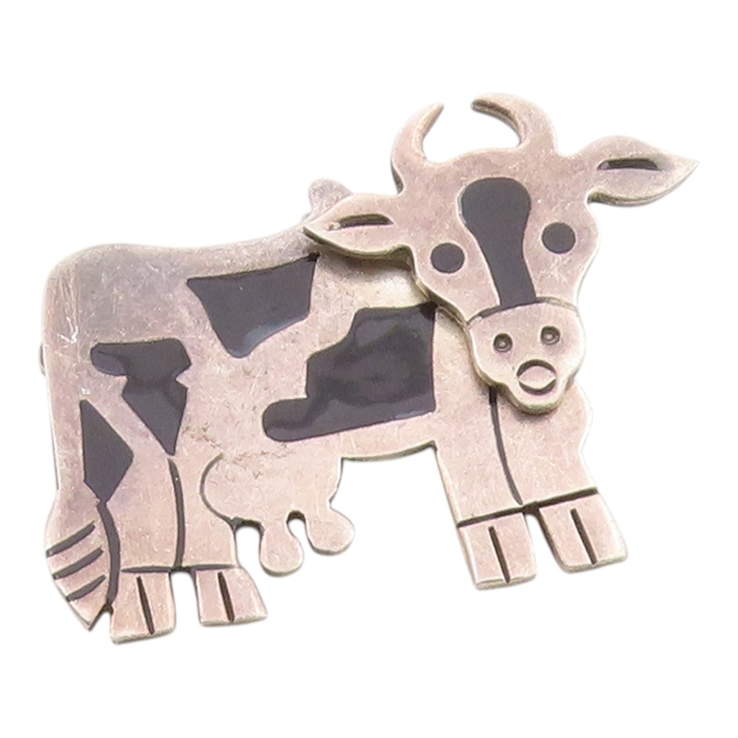 MEXICO 925 Silver  Vintage Enamel Cow With Moving Head Brooch Pin  BP10138