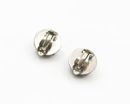 MEXICO 925 Silver  Vintage Floral Dome Oxidized Non Pierce Earrings  EG8983