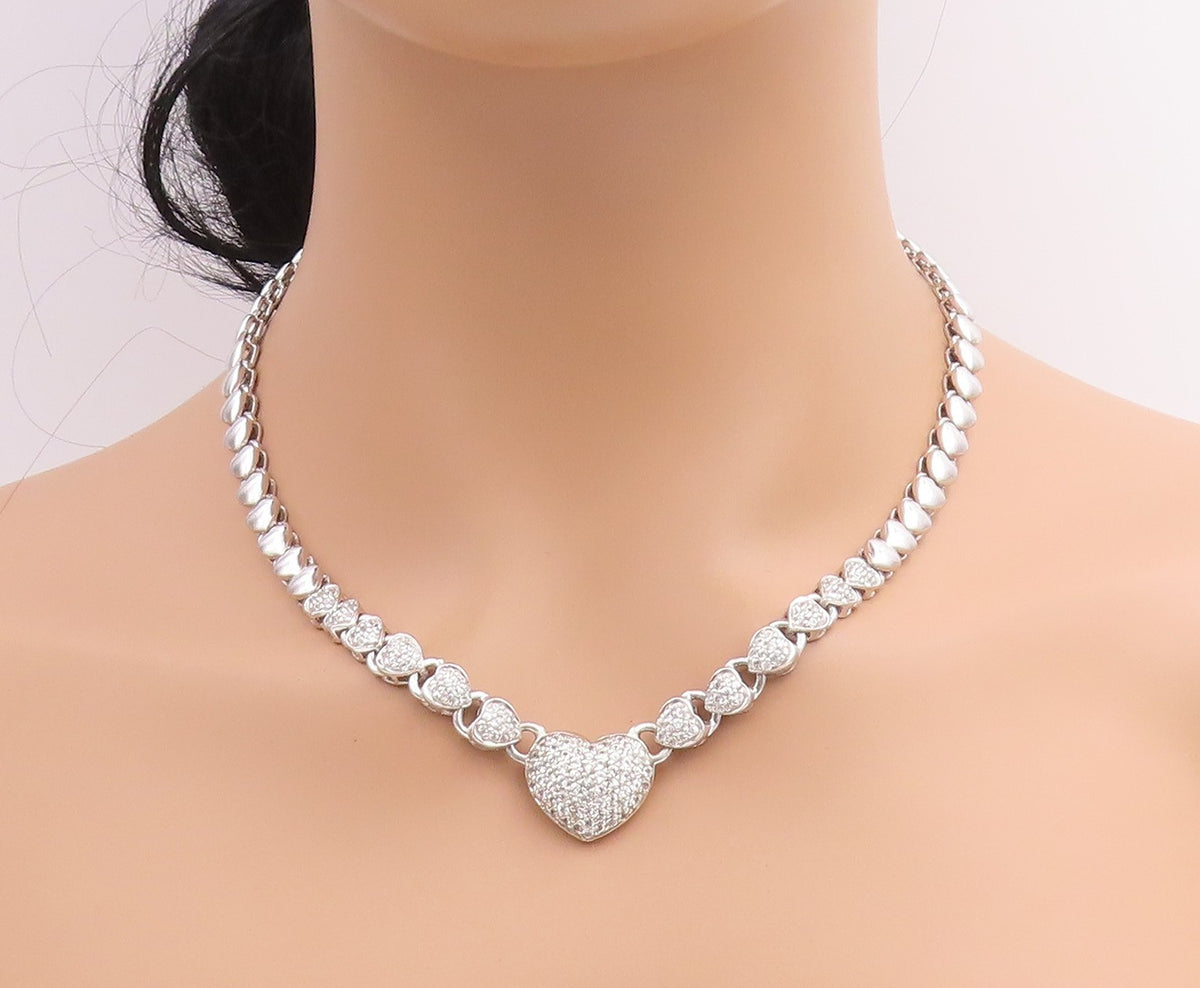 925 Sterling Silver Vintage Necklace Clustered CZ Solid Love Heart Chain  NE4658