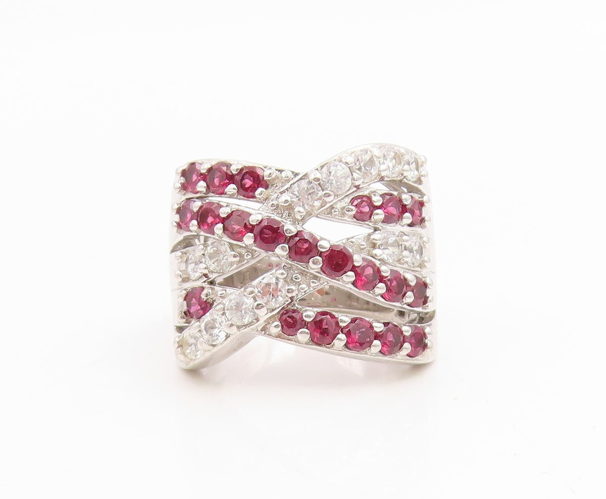 925 Sterling Silver Vintage Ring Pink Topaz & CZ Crossover Band  Sz 7  RG34919