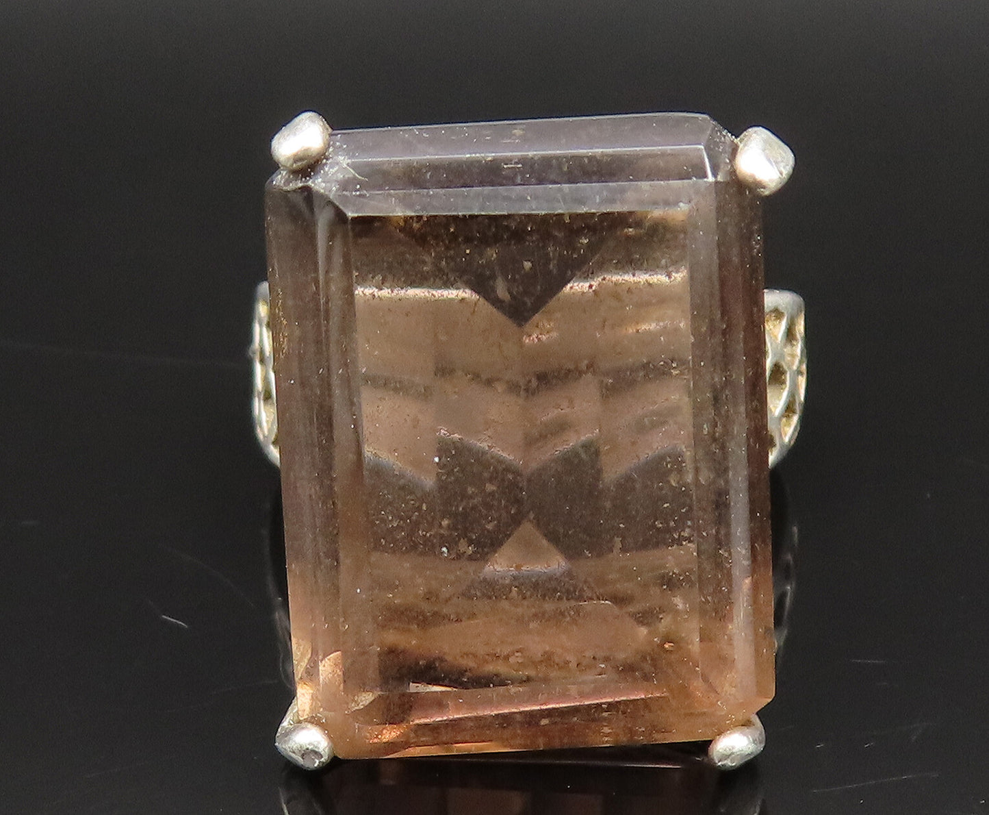 925 Silver Vintage Square Smoky Quartz Open Pattern Band Ring Sz 7.5  RG25394