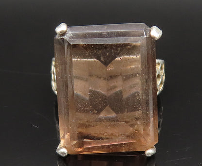 925 Silver Vintage Square Smoky Quartz Open Pattern Band Ring Sz 7.5  RG25394