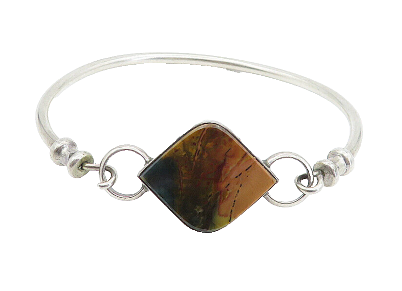 925 Sterling Silver  Vintage Brown Jasper Round Hook Bangle Bracelet  BT3168