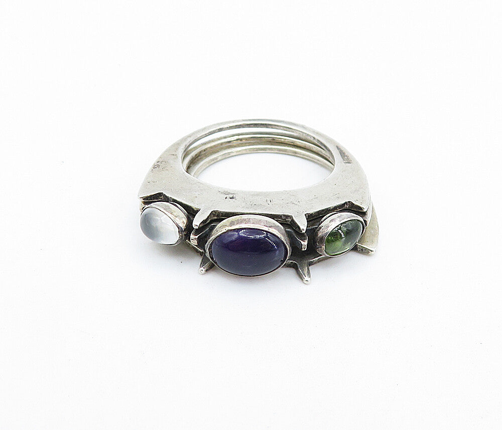 DESIGNER 925 Silver  Vintage Amethyst Topaz & Peridot Stacked Ring Sz 8 RG7688