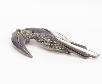 925 Sterling Silver Vintage Brooch Pin Multi Gemstone Inlay Toucan Bird  BP12571