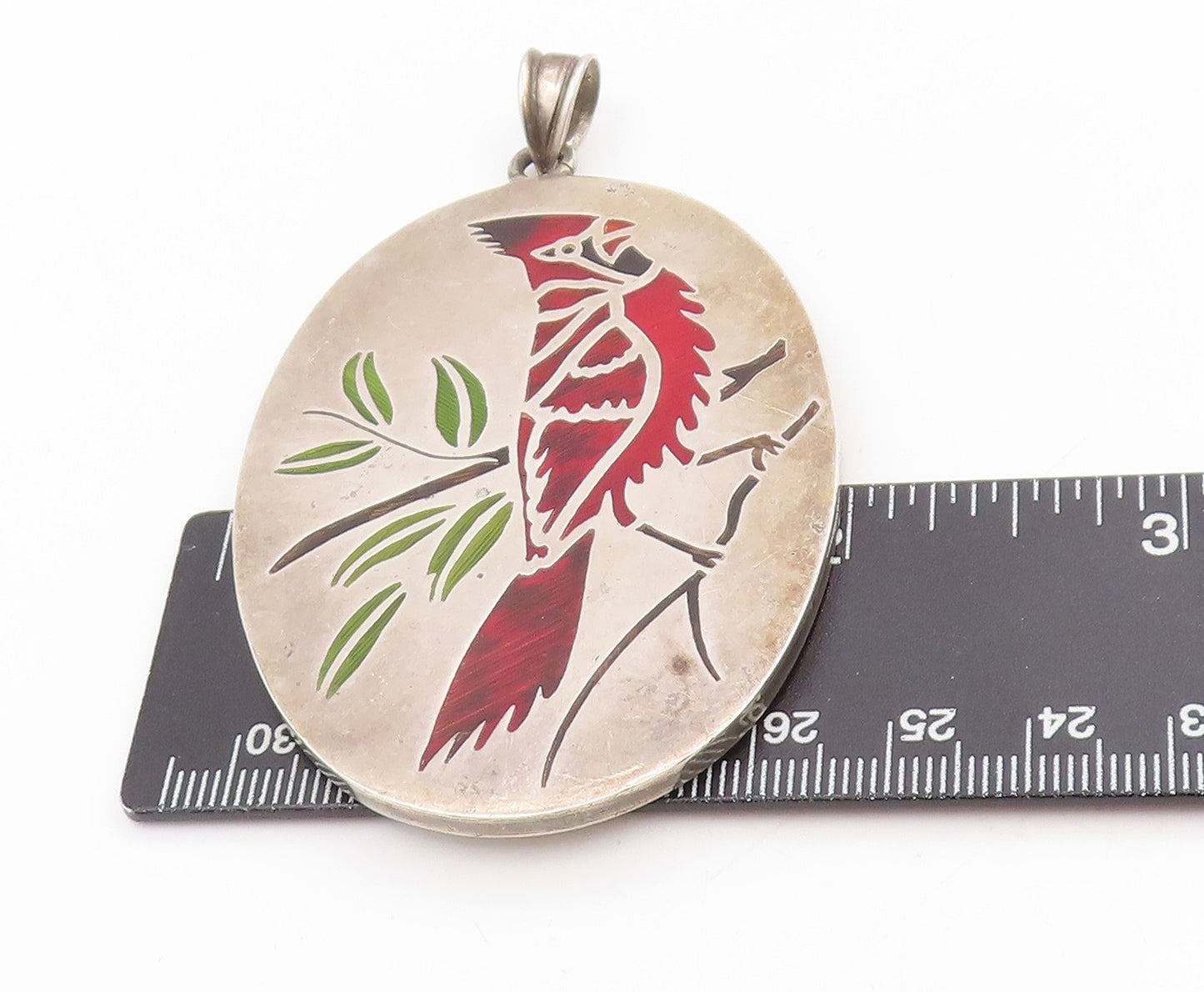 925 Sterling Silver Vintage Pendant Enameled Cardinal Bird On Branch  PT25430