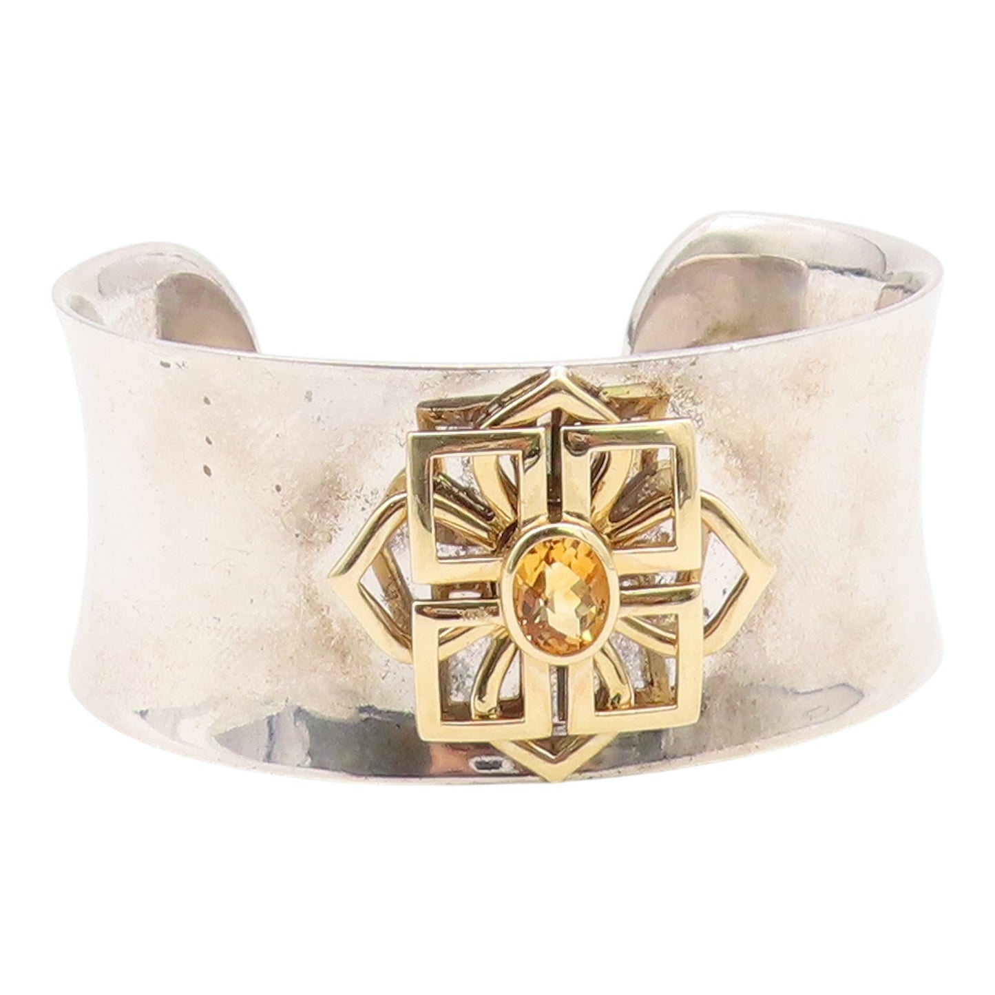 925 Sterling Silver & 14K GOLD Vintage Real Citrine Floral Cuff Bracelet  BT8093