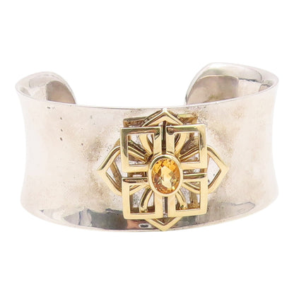 925 Sterling Silver & 14K GOLD Vintage Real Citrine Floral Cuff Bracelet  BT8093