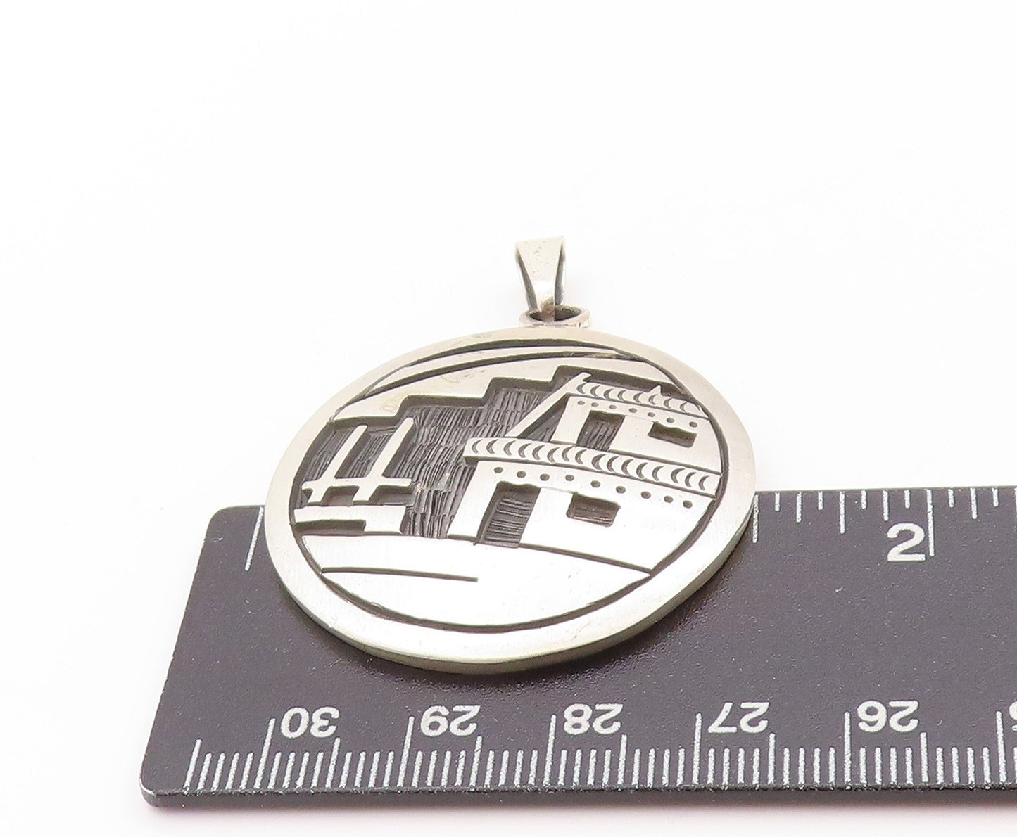 925 Sterling Silver Vintage Pendant Antique City Landscape Etched Coin  PT24229