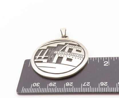 925 Sterling Silver Vintage Pendant Antique City Landscape Etched Coin  PT24229