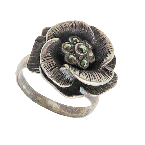 925 Sterling Silver  Vintage Marcasite Rose Flower Band Ring Sz 6  RG19247
