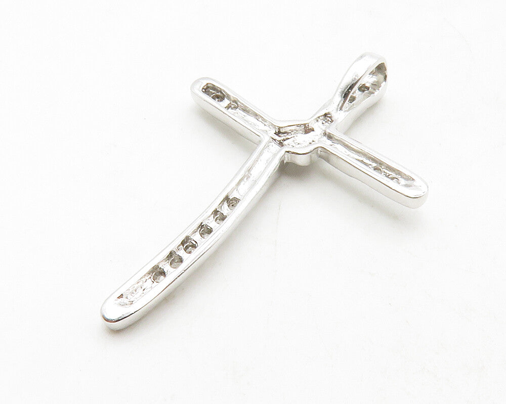925 Sterling Silver  Shiny Petite White Topaz Religious Cross Pendant  PT10436