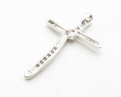 925 Sterling Silver  Shiny Petite White Topaz Religious Cross Pendant  PT10436