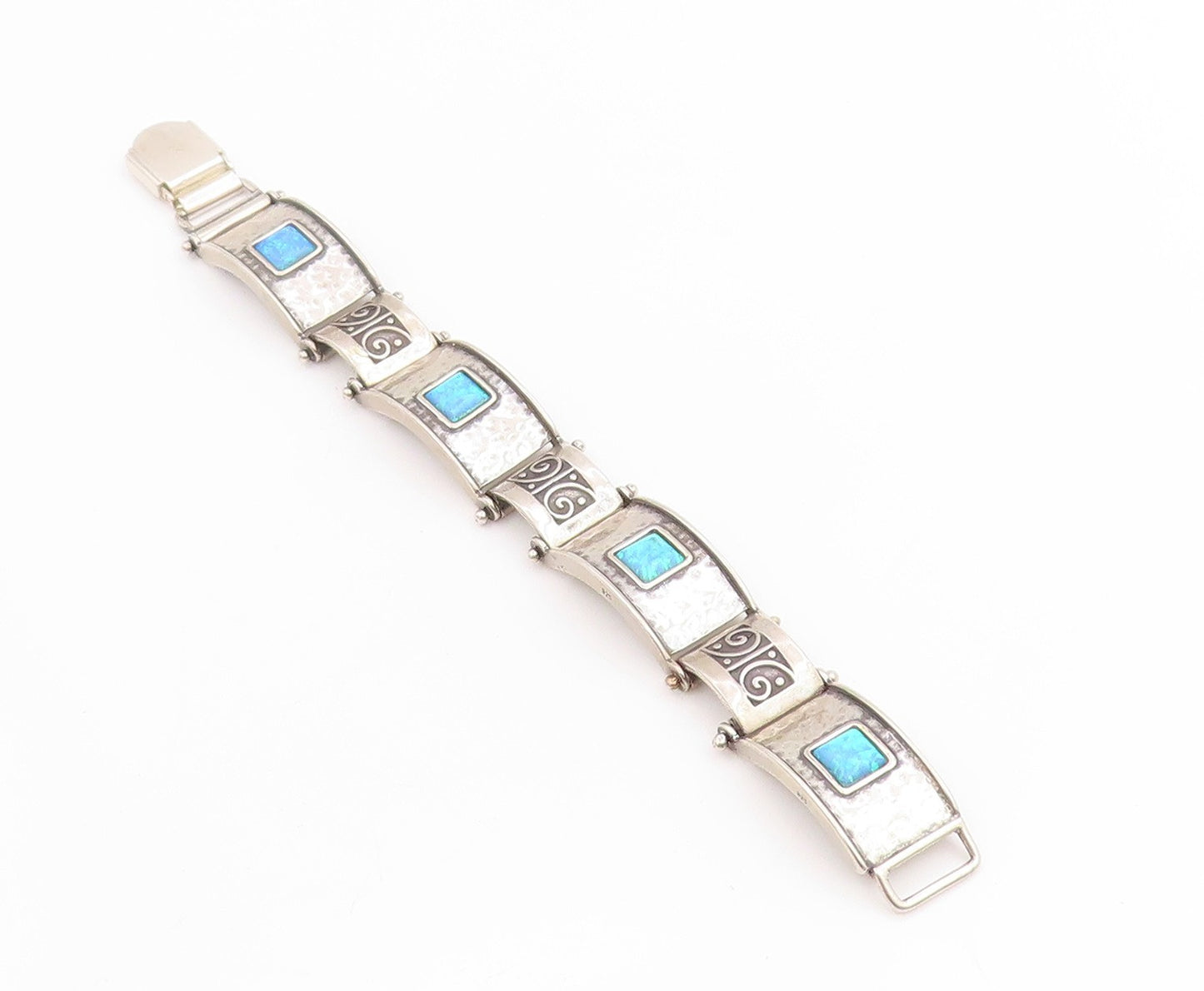 925 Sterling Silver Vintage Bracelet SHABLOOL ISRAEL Opal Hammered Link  BT11443