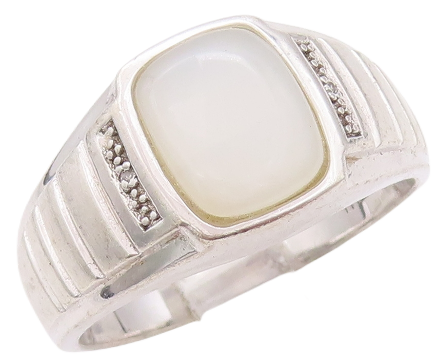 925 Sterling Silver Vintage Ring Carved Square Opal & Diamond  Sz 10.5  RG28302
