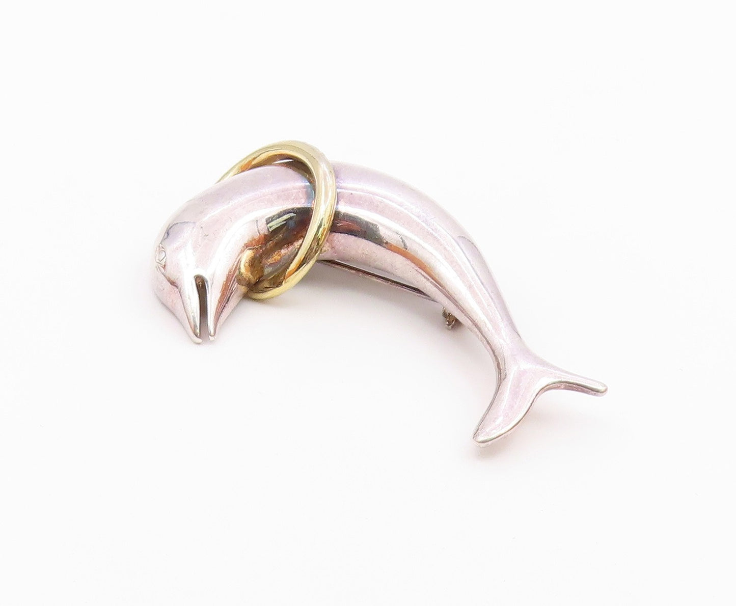 925 Sterling Silver  Vintage Shiny Two Tone Leaping Dolphin Brooch Pin  BP8784