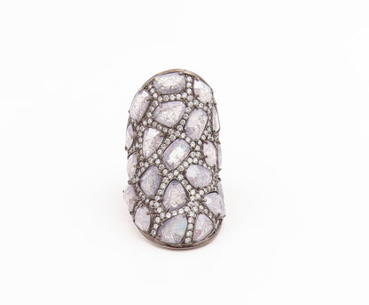 925 Sterling Silver Vintage Ring Drusy Quartz & CZ Shield Band  Sz 7  RG35468