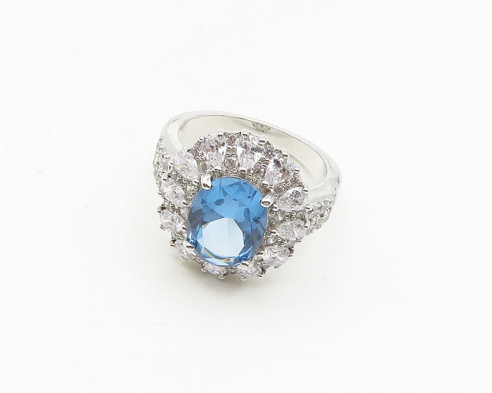 925 Sterling Silver  Shiny Blue & White Topaz Cocktail Ring Sz 9  RG18775
