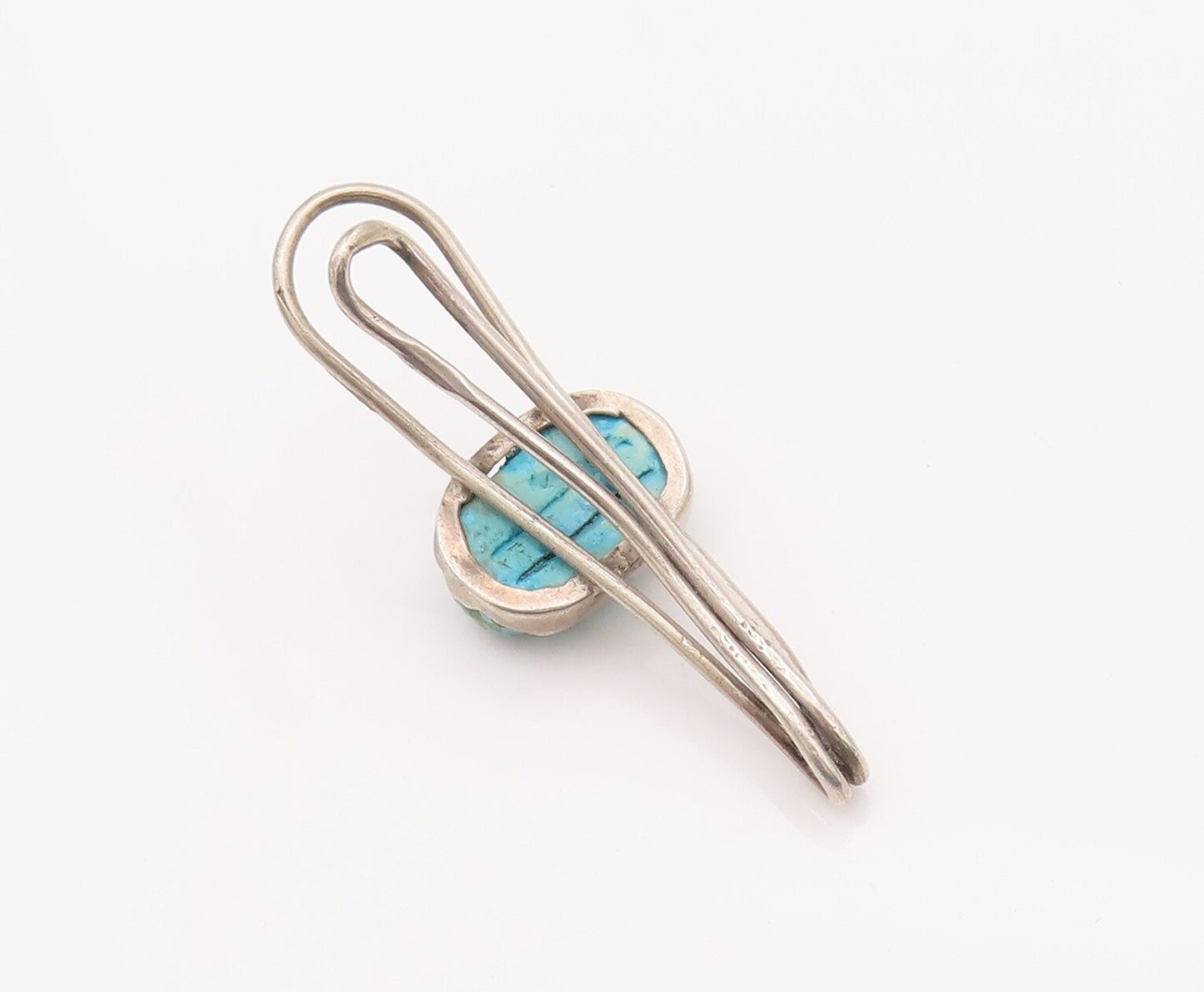 925 Sterling Silver Vintage Tie Clip MIDDLE EAST Turquoise Scarab Carve TR3741