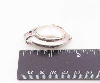 925 Silver  Vintage Oval Mother Of Pearl & Garnet Dome Cutout Pendant  PT21515