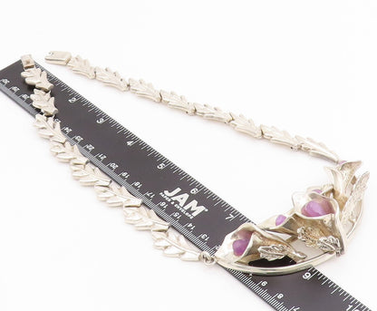 925 Sterling Silver Vintage Necklace MEXICO Heavy Cutout Gemstone Lily  NE4476