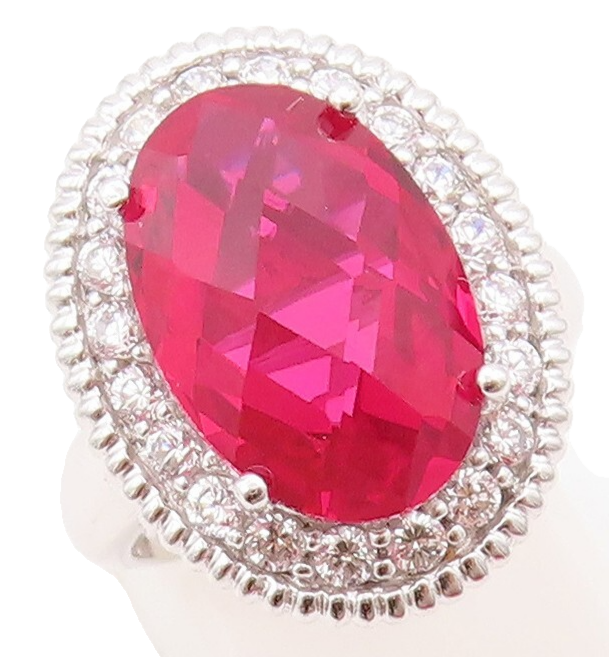 925 Sterling Silver Vintage Ring Large Oval Red Halo White CZ Sz 6  RG30708