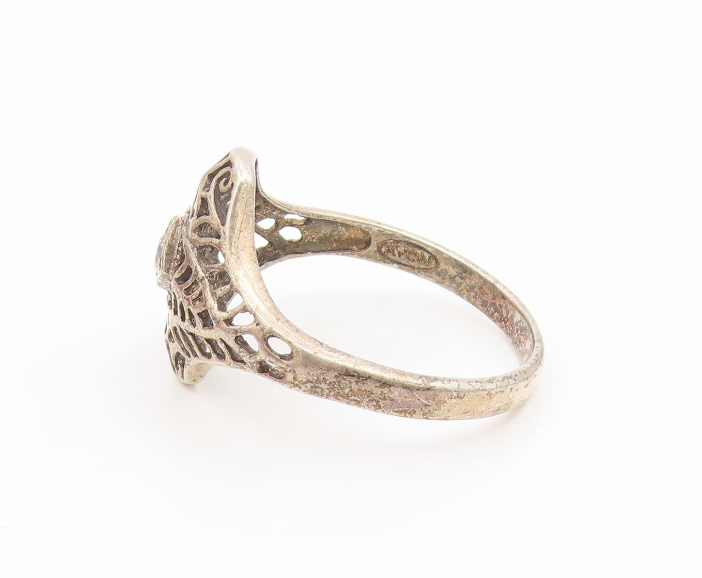 925 Sterling Silver Vintage Ring AVON CZ Intricate Openwork Band  Sz 11  RG35253