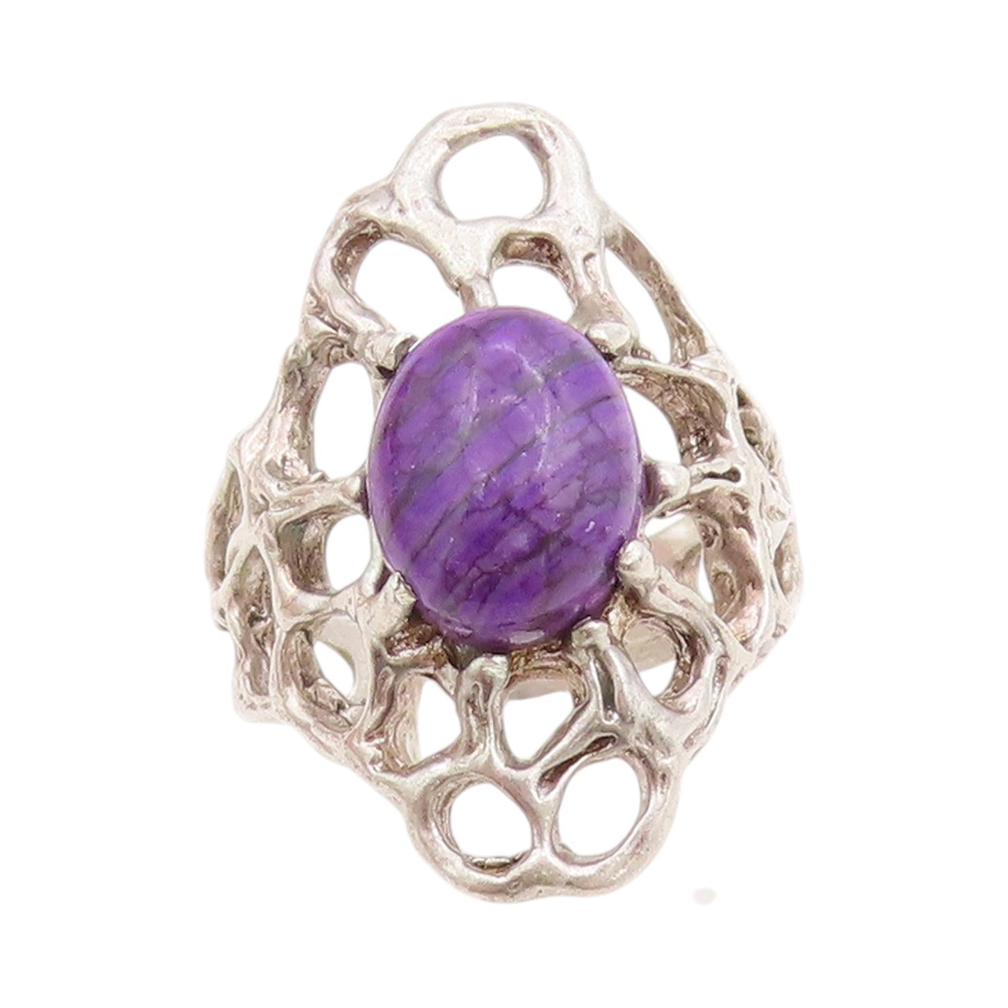 925 Sterling Silver Vintage Ring Brutalist Cutout Cabochon Amethyst Sz 6 RG33221