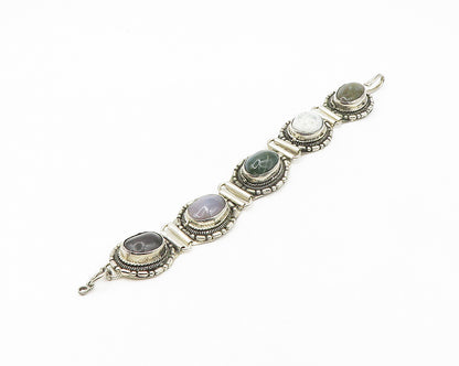 925 Silver  Vintage Cabochon Jasper & Agate Shiny Hinge Chain Bracelet  BT7129
