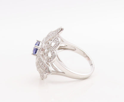925 Sterling Silver Vintage Ring Flower Cutout Sapphire & CZ Inlay  Sz 7 RG30749