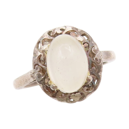 925 Sterling Silver Vintage Ring Gemstone Swirly Heart Carved  Sz 7  RG31897