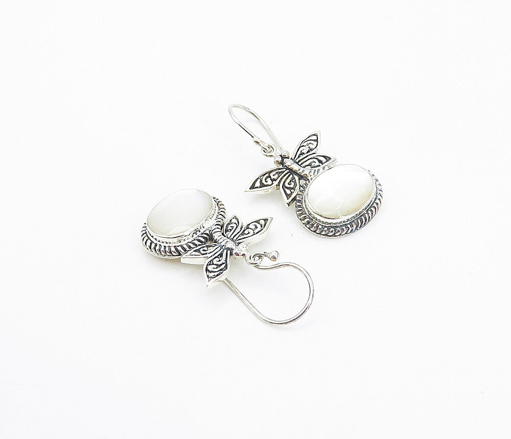 925 Sterling Silver  Mother Of Pearl Dragonfly Twist Dangle Earrings  EG3239