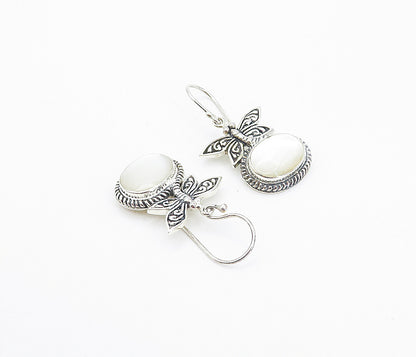 925 Sterling Silver  Mother Of Pearl Dragonfly Twist Dangle Earrings  EG3239
