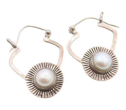 925 Sterling Silver Vintage Earrings Modernist Pearl Sunburst Dangle  EG14379