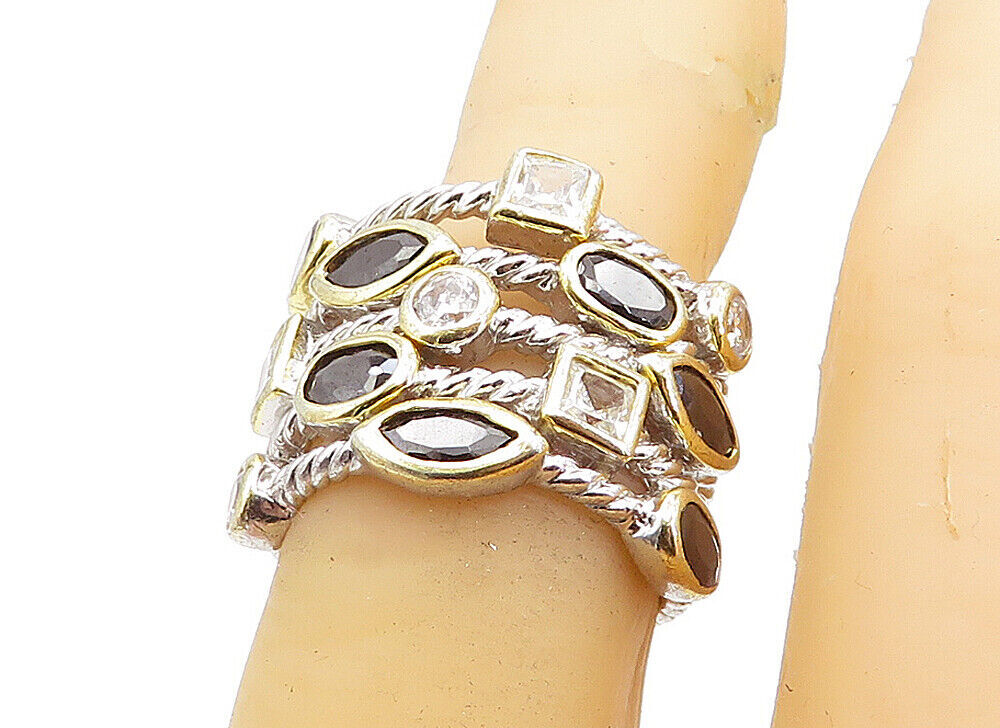 925 Sterling Silver Black Hematite & Cubic Zirconia Band Ring Sz 6 RG4349