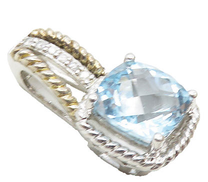 925 Sterling Silver & 10K GOLD  Blue Topaz & Genuine Diamonds Pendant  PT7526