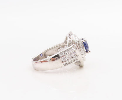 925 Sterling Silver Vintage Ring Round Cut Sapphire Halo CZ Inlay  Sz 7  RG30746