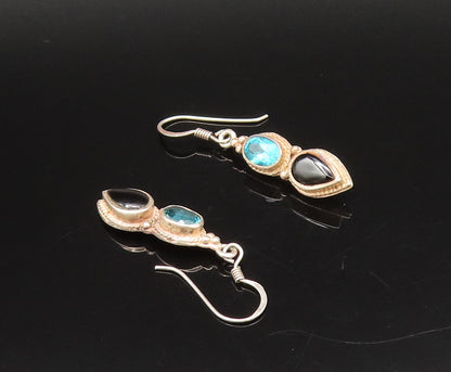 925 Silver  Vintage Oval Blue Topaz & Pear Shaped Onyx Drop Earrings  EG12224