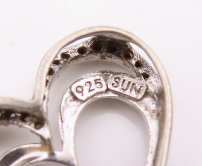 925 Sterling Silver  Vintage Genuine Diamonds Open Love Hearts Pendant  PT7516