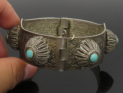 MIDDLE EAST 925 Silver  Vintage Floral Turquoise Etched Bangle Bracelet BT9366