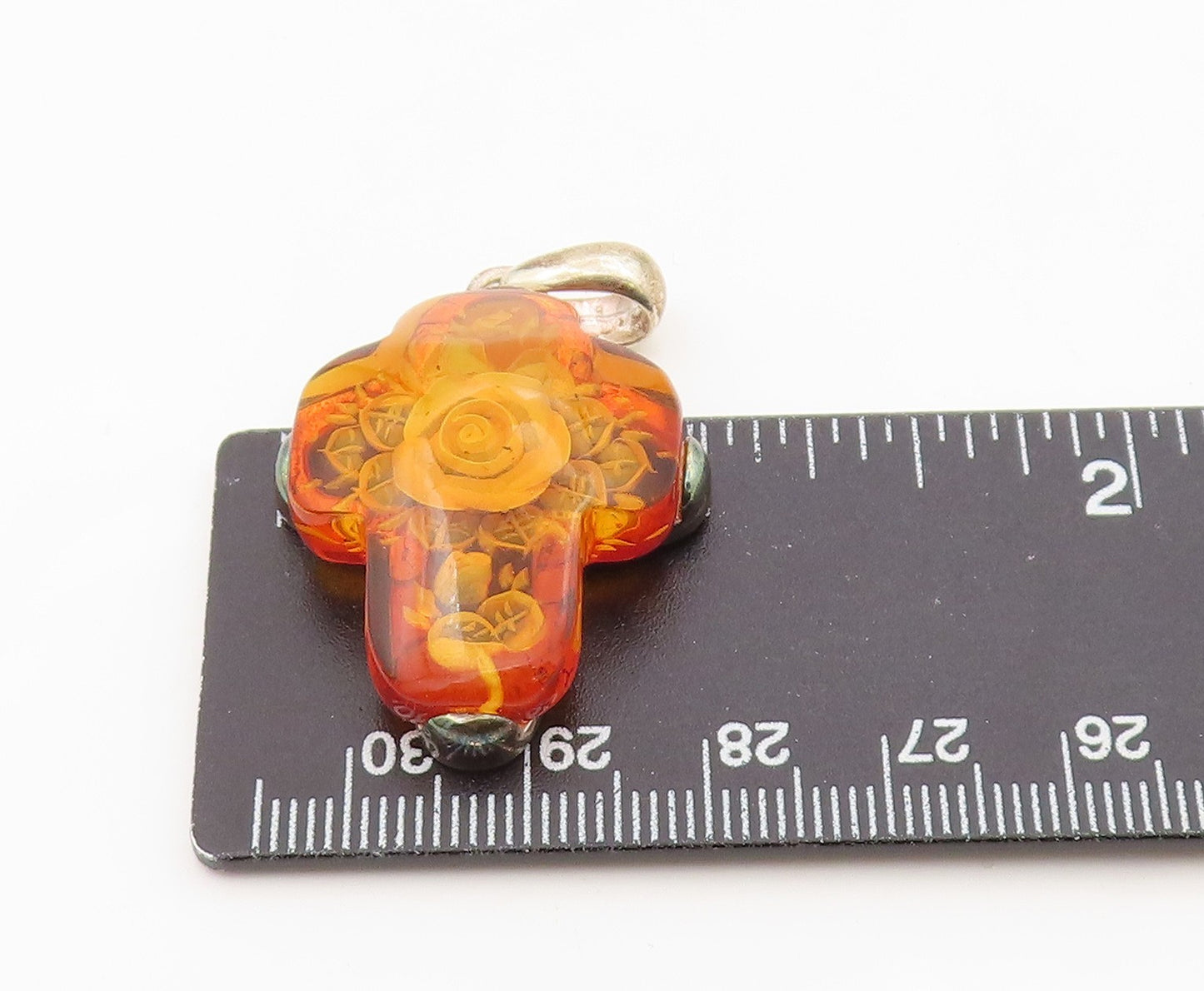 925 Sterling Silver Vintage Pendant POLAND Amber Carved Rose Holy Cross  PT26342