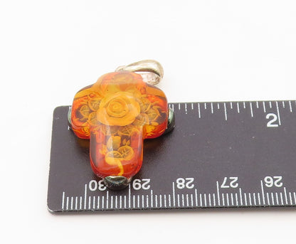 925 Sterling Silver Vintage Pendant POLAND Amber Carved Rose Holy Cross  PT26342