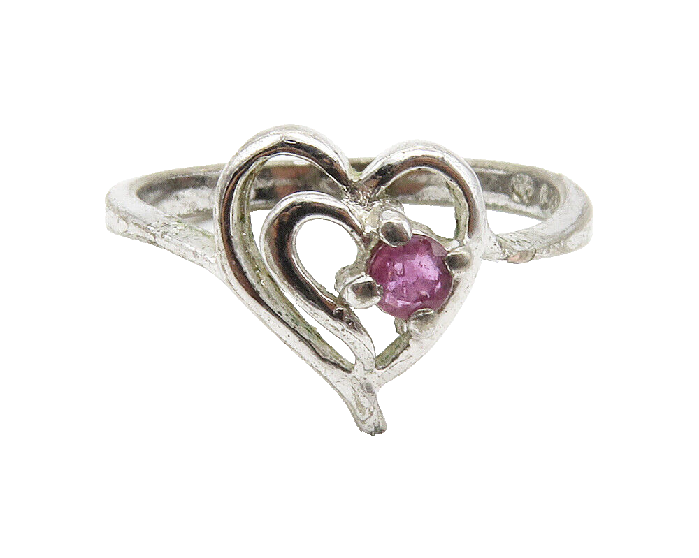 925 Sterling Silver  Vintage Pink Topaz Love Heart Band Ring Sz 6.5  RG14308