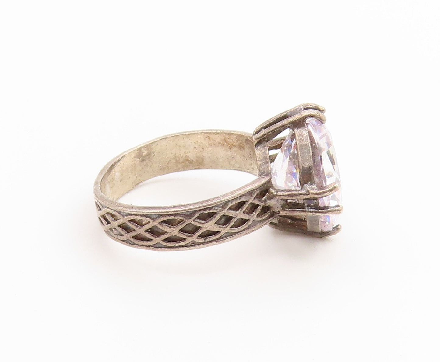 925 Sterling Silver Vintage Ring ISRAEL CZ Textured Latticework  Sz 7.5  RG36884