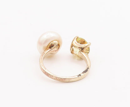 925 Sterling Silver Vintage Ring Gold Plated Pearl & Citrine  Sz 6  RG28616