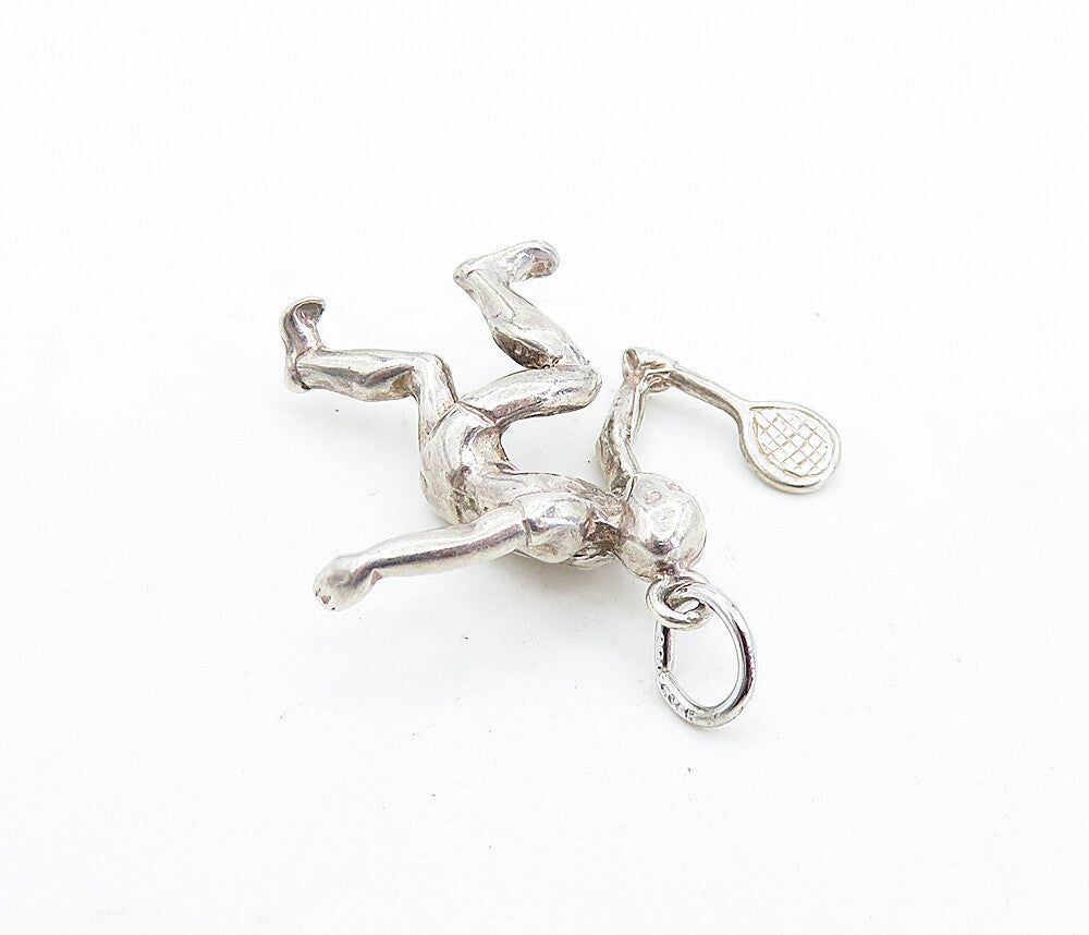 925 Sterling Silver  Vintage Shiny Sculpted Tennis Player Pendant  PT4764