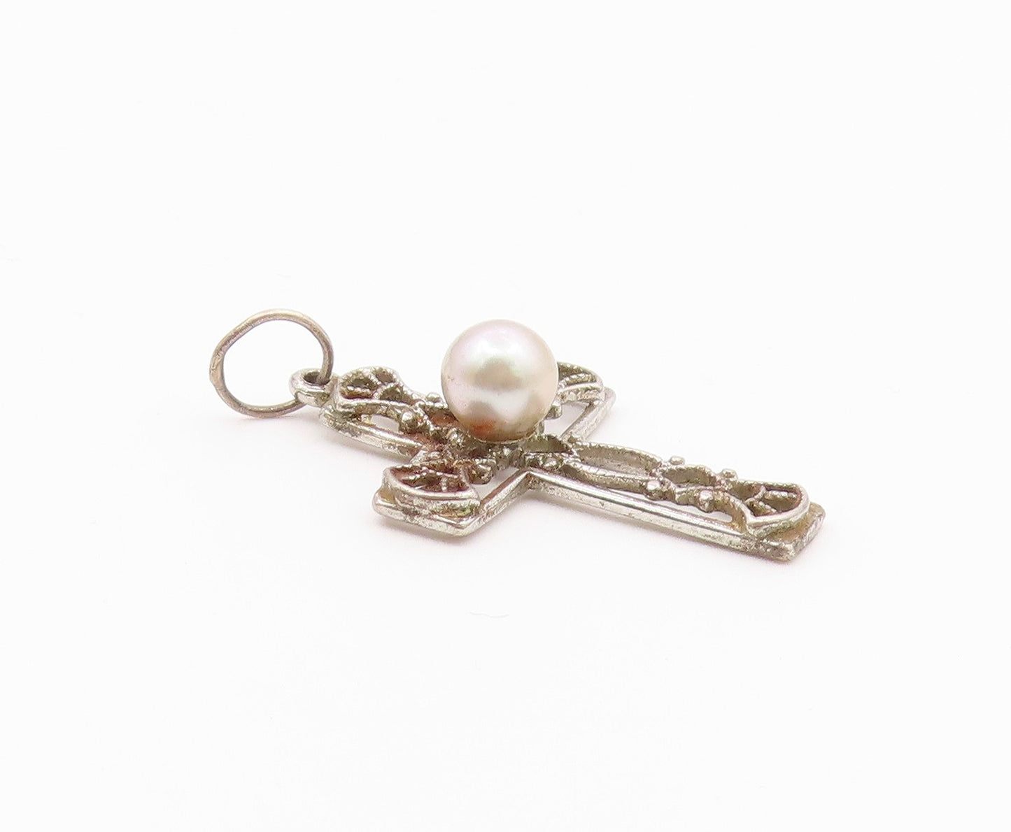 925 Silver  Vintage Openwork Religious Cross Fresh Water Pearl Pendant PT21319