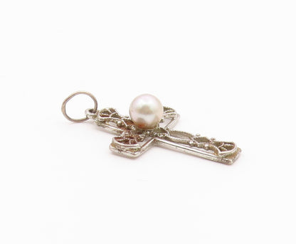 925 Silver  Vintage Openwork Religious Cross Fresh Water Pearl Pendant PT21319