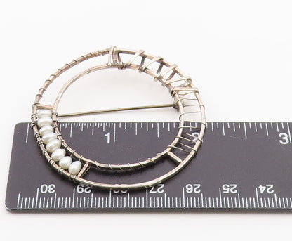 925 Sterling Silver Vintage Brooch Pin Modern Wire Wrapped Pearl Circle  BP12594