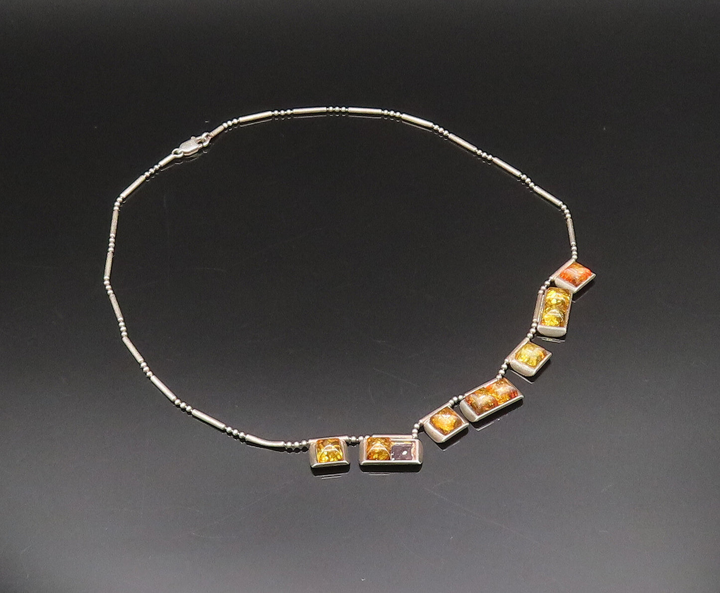 925 Silver  Vintage Multi Square Baltic Amber Bar & Bead Necklace  NE3898